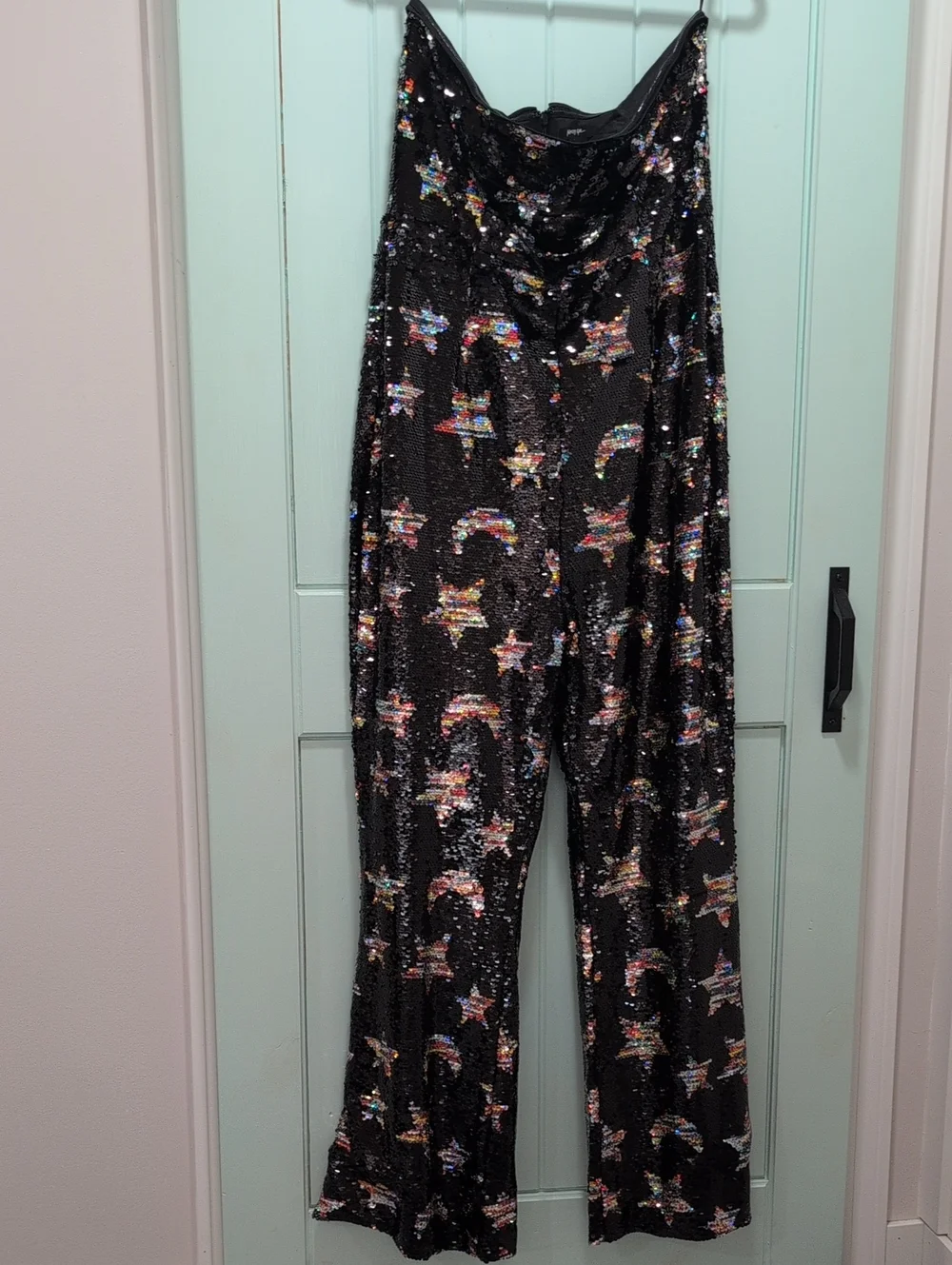 Nasty Gal Black Strapless Sequin Star Moon Flare Jumpsuit US SIZE 12 - Picture 4 of 6